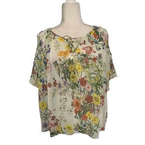 Zara womens white yellow red orange floral short sleeve sheer blouse top small